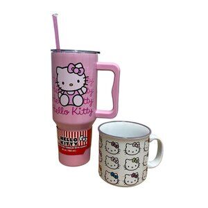 HELLO KITTY PINK TUMBLER WITH STRAW & HANDLE 2 PC SET COFFEE MUG RAINBOW BOWS